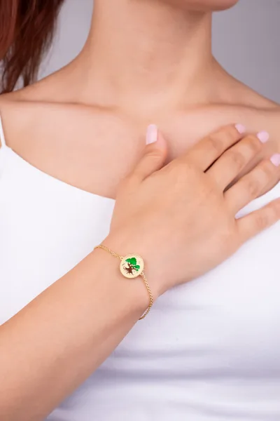 Sevgi Ağacı 18 Ayar Sarı Altın Kaplama 19 Cm Gümüş Bileklik